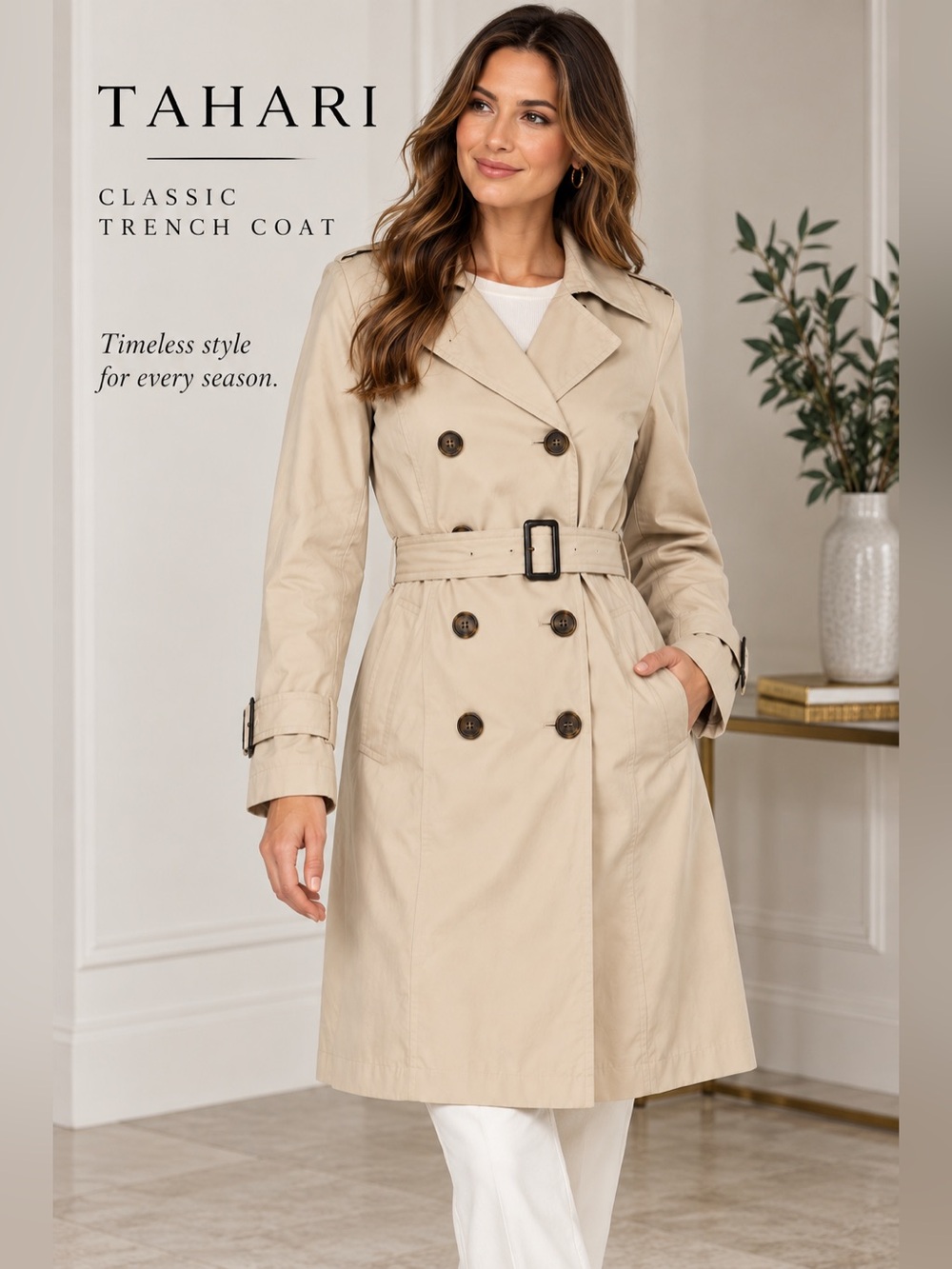 Tahari Cream Double Breasted Belted Trench Coat Women’s XL NWT